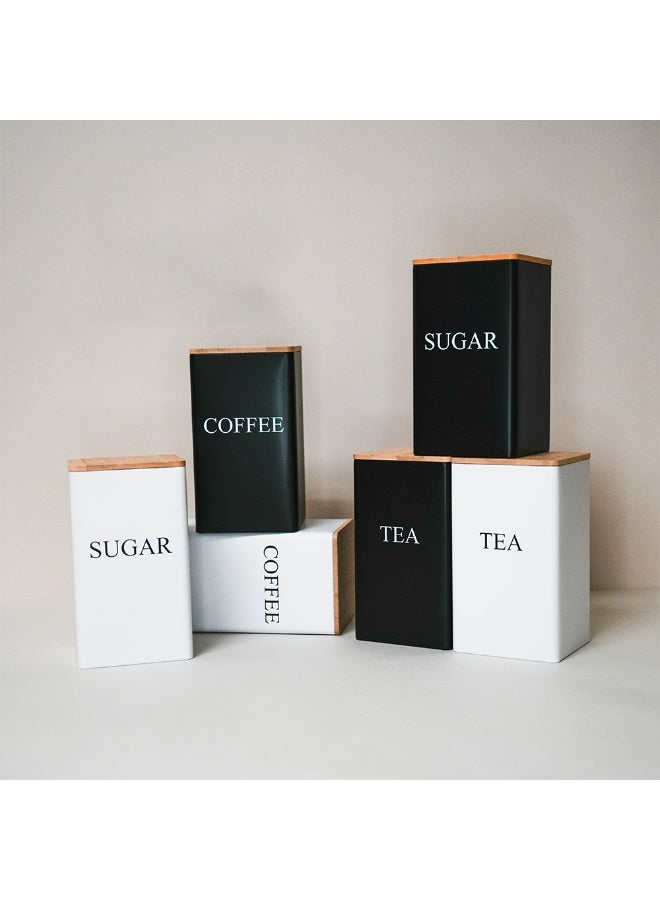 بيرام طقم حاويات معدنية للشاي والقهوة والسكر مع غطاء من الخيزران محكمة الإغلاق للتخزين في المنزل والمطبخ صندوق شاي وطقم حاويات لحبوب القهوة لتحسين المنزل بتصميم عصري باللون الأبيض - Image 4